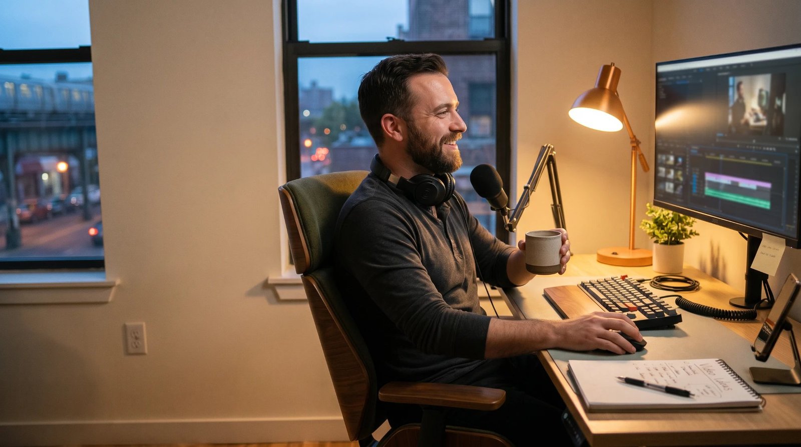 A smiling video editor with headphones around his neck holding a mug at a desk with a microphone and an editing timeline on screen, with a city street outside the window at dusk